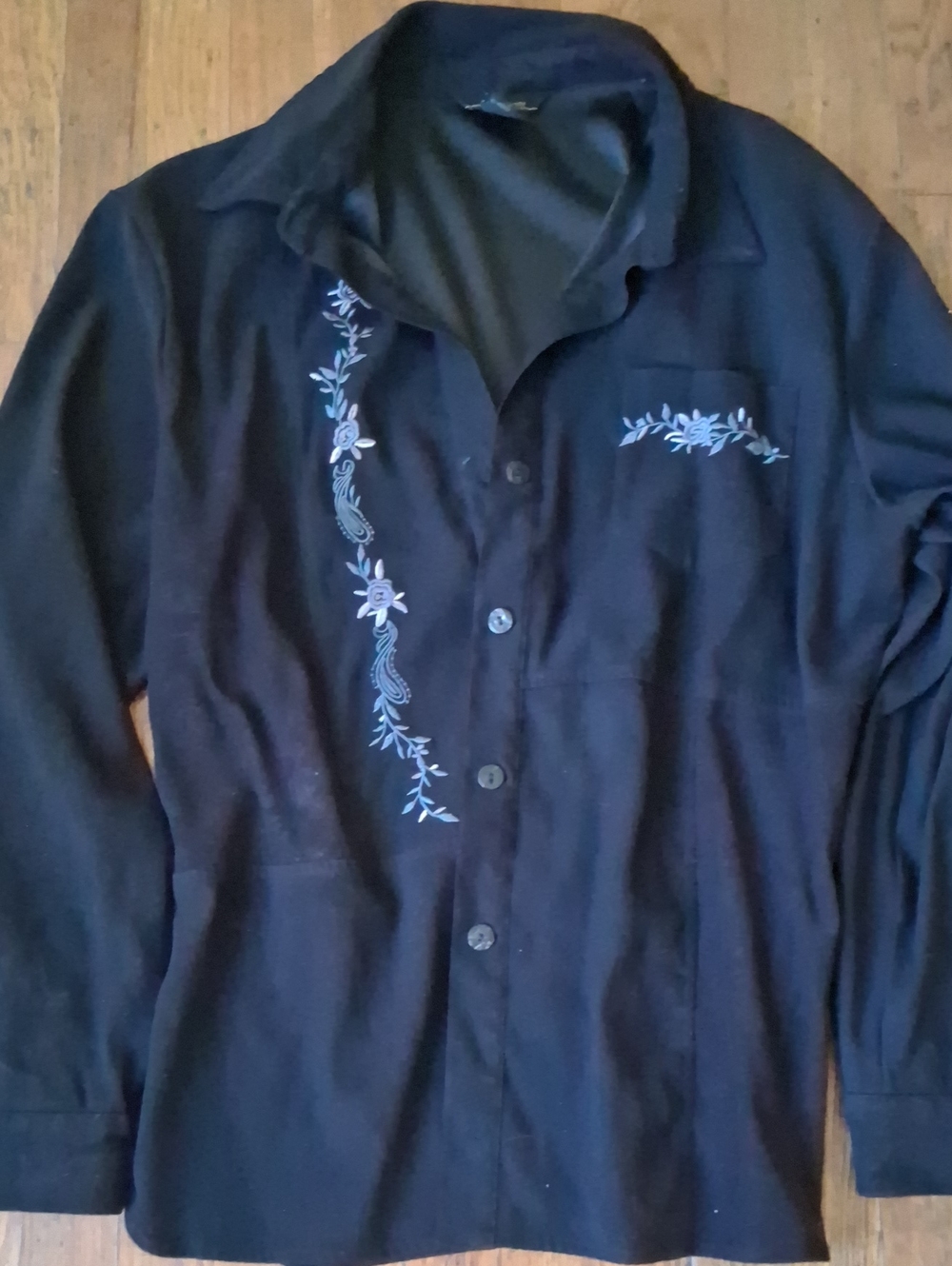 Classic Black Button-Down Shirt with Blue Embroidery